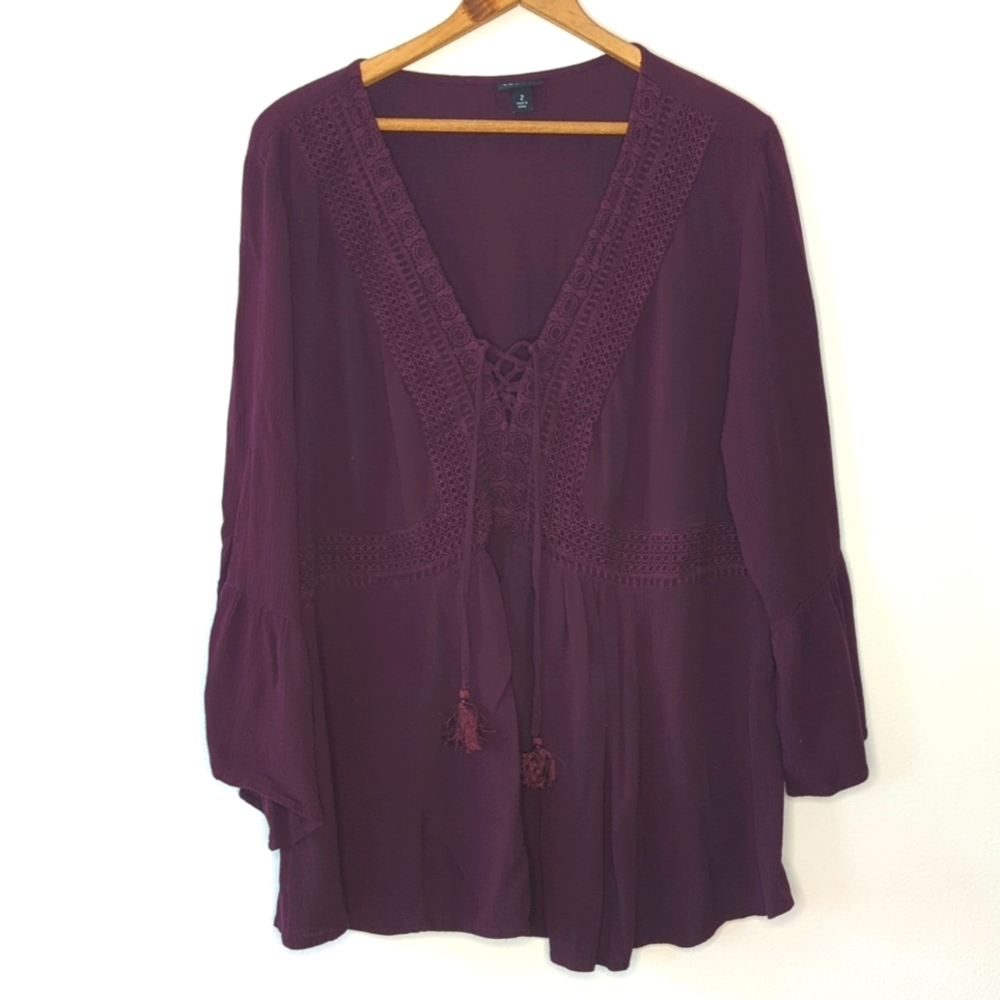 Torrid Size 2 Babydoll Gauze Crochet Trim Lace-Up Top Maroon Plus Size